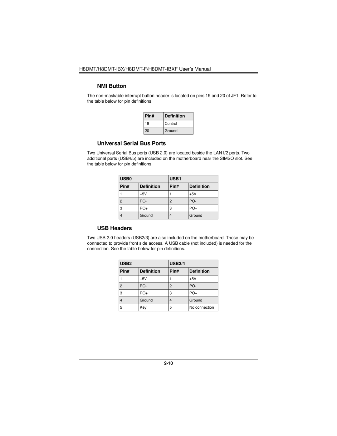 SUPER MICRO Computer H8DMT user manual NMI Button, Universal Serial Bus Ports, USB Headers 