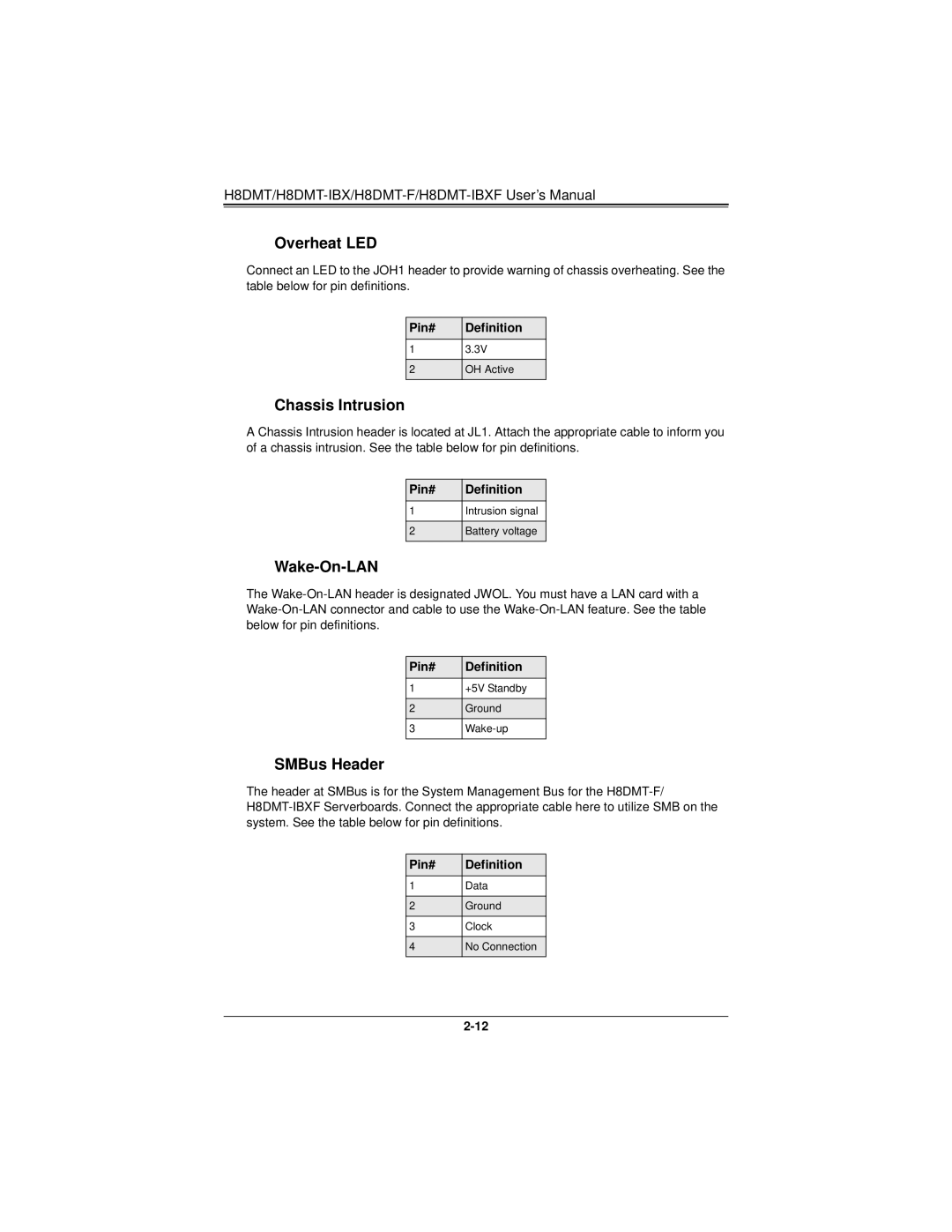 SUPER MICRO Computer H8DMT user manual Overheat LED, Chassis Intrusion, Wake-On-LAN, SMBus Header 