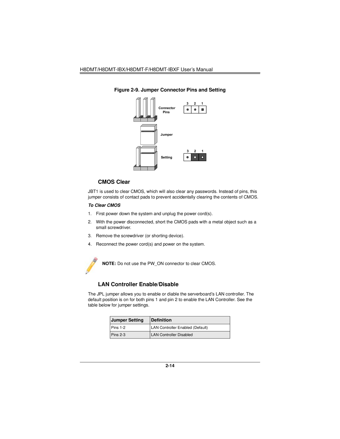 SUPER MICRO Computer H8DMT user manual Cmos Clear, LAN Controller Enable/Disable 