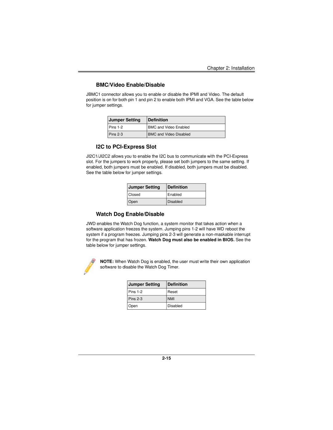 SUPER MICRO Computer H8DMT user manual BMC/Video Enable/Disable, I2C to PCI-Express Slot, Watch Dog Enable/Disable 