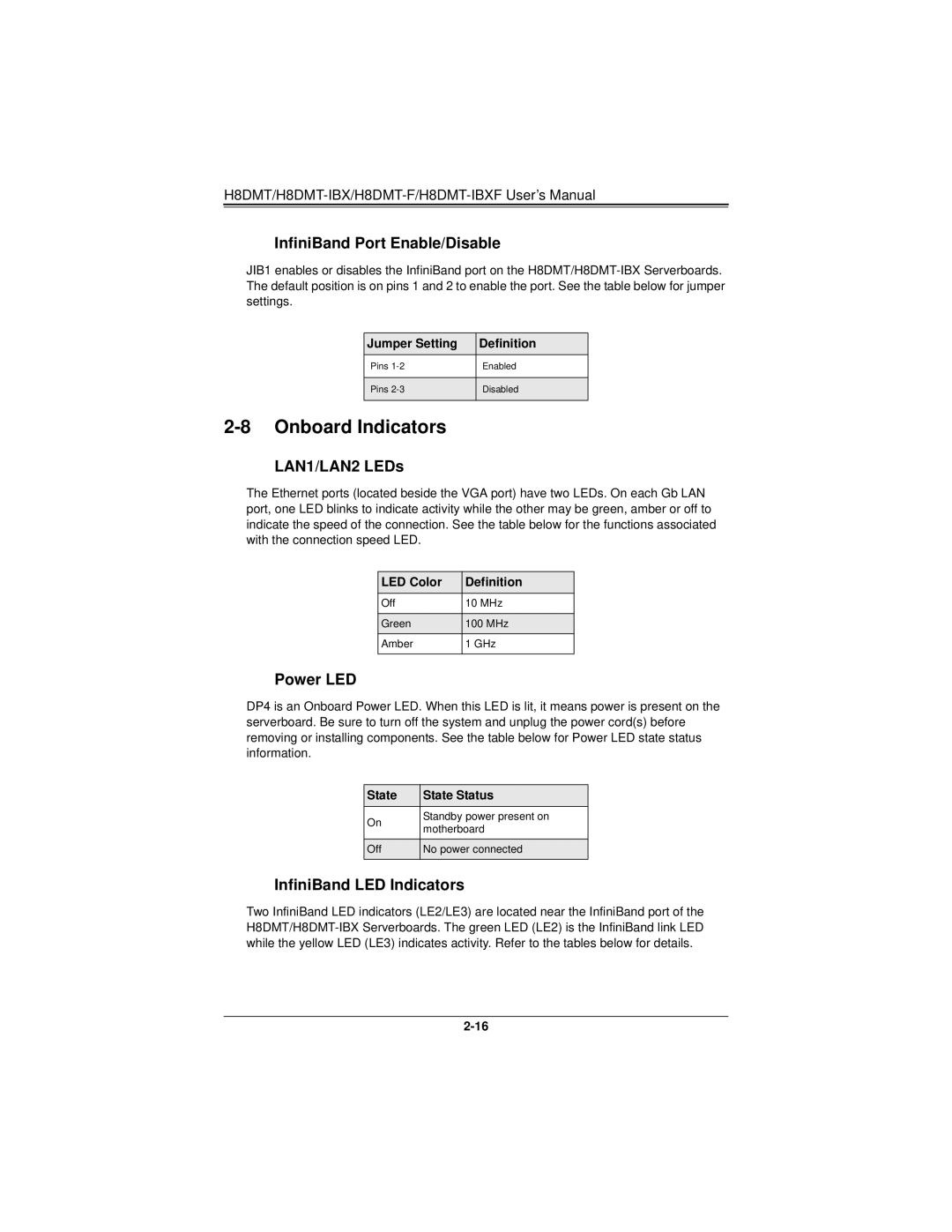 SUPER MICRO Computer H8DMT user manual Onboard Indicators, InfiniBand Port Enable/Disable, LAN1/LAN2 LEDs, Power LED 