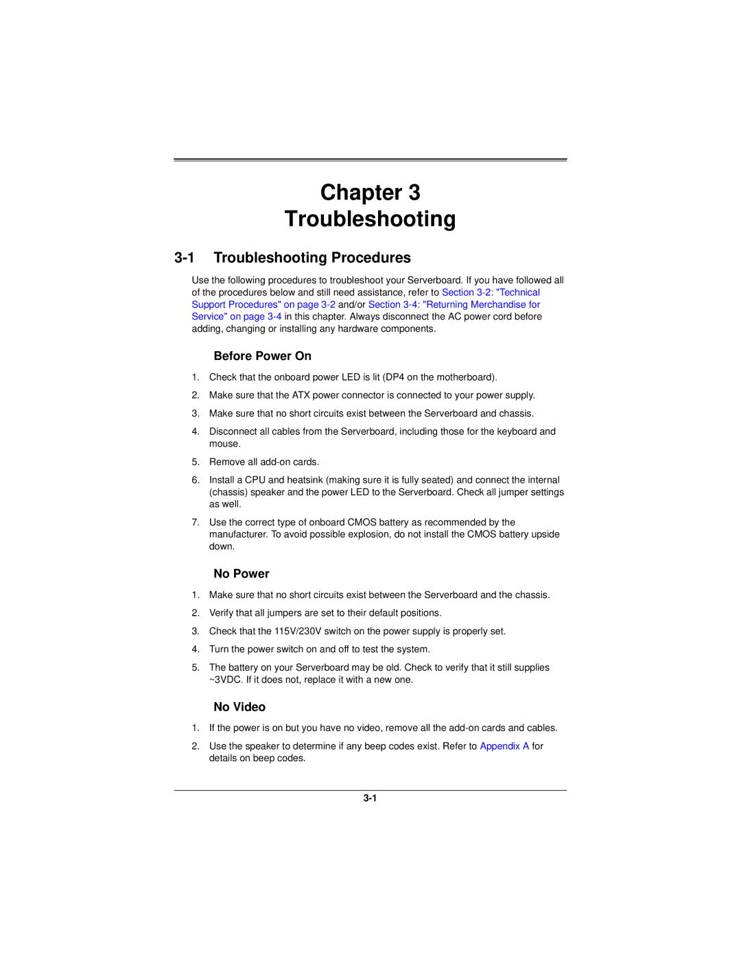 SUPER MICRO Computer H8DMT Chapter Troubleshooting, Troubleshooting Procedures, Before Power On, No Power, No Video 