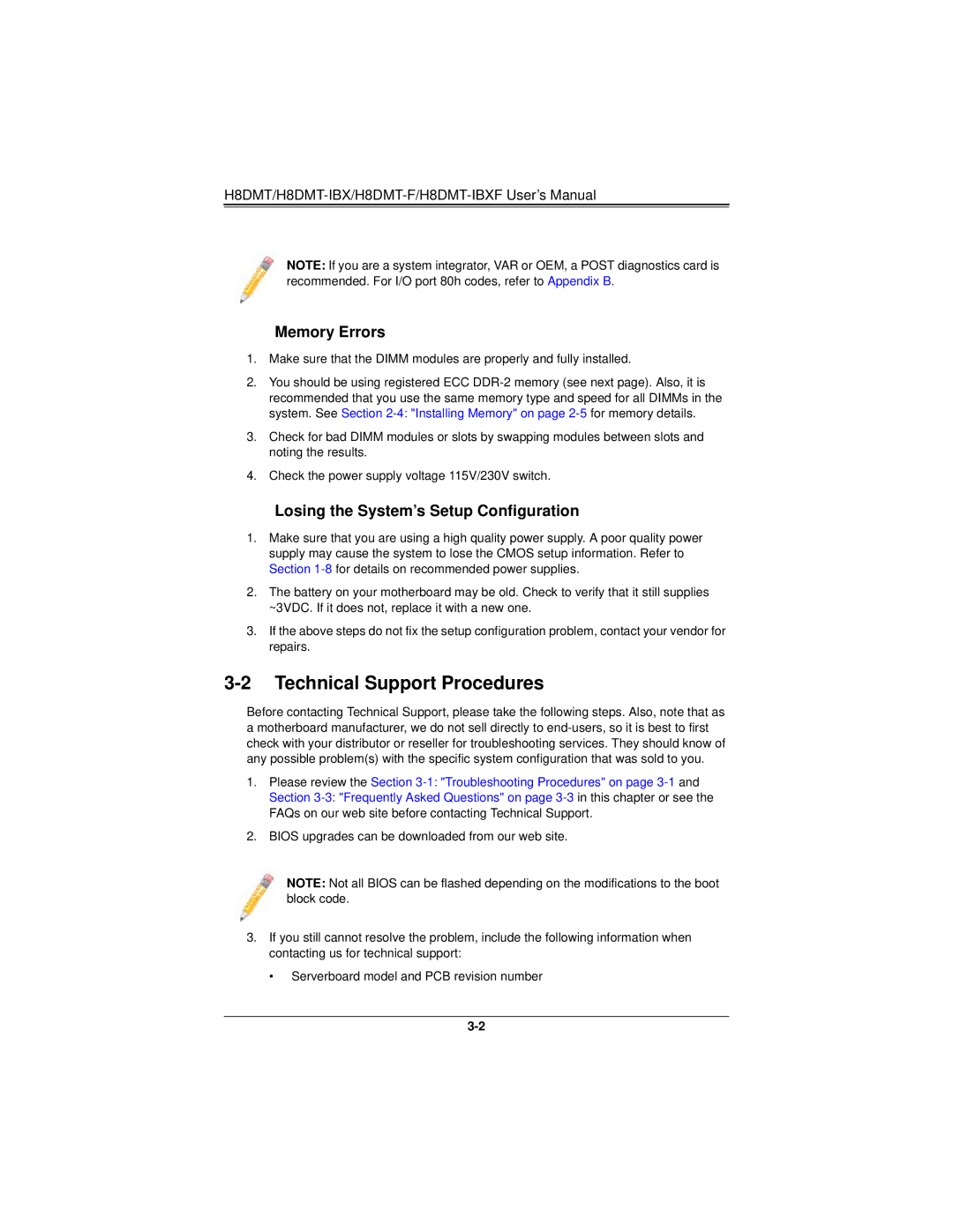 SUPER MICRO Computer H8DMT user manual Technical Support Procedures, Memory Errors, Losing the System’s Setup Configuration 