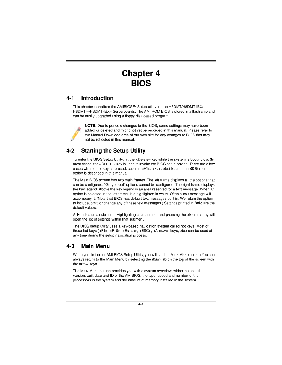 SUPER MICRO Computer H8DMT user manual Chapter, Introduction, Starting the Setup Utility, Main Menu 