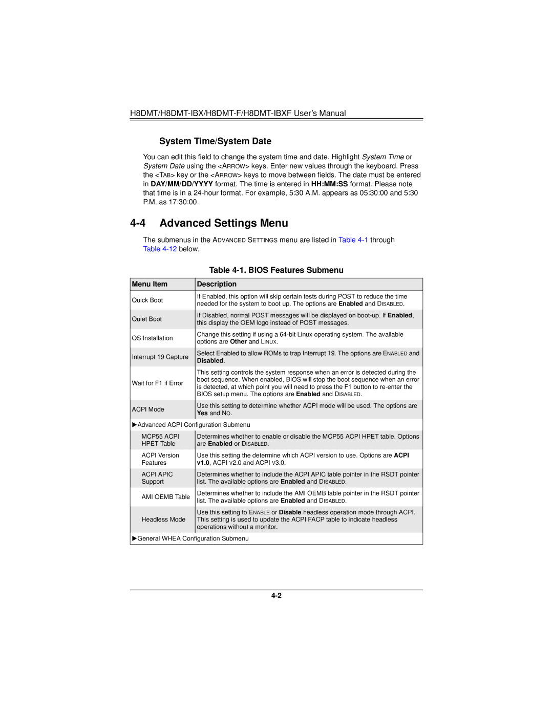 SUPER MICRO Computer H8DMT user manual Advanced Settings Menu, System Time/System Date, Bios Features Submenu 