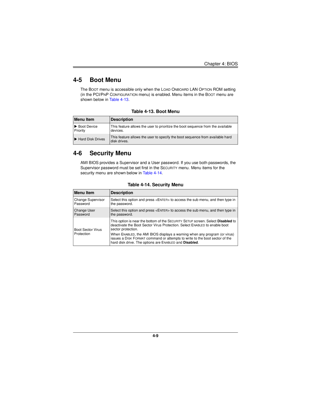 SUPER MICRO Computer H8DMT user manual Boot Menu, Security Menu 