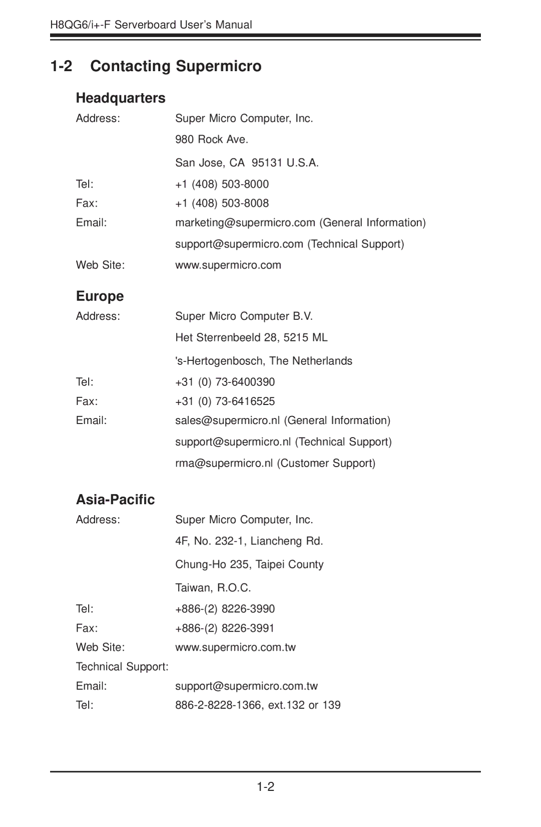 SUPER MICRO Computer H8QGI+-F, H8QG6+-F user manual Contacting Supermicro, Headquarters, Europe, Asia-Paciﬁc 