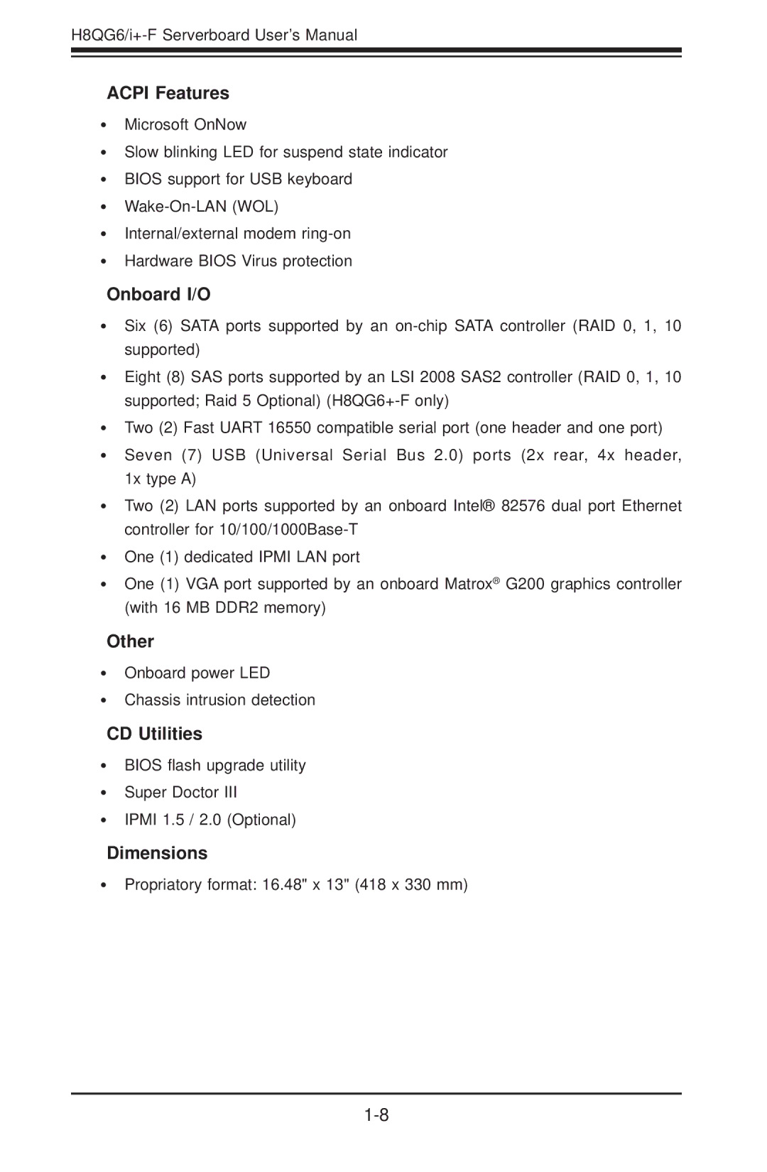 SUPER MICRO Computer H8QGI+-F, H8QG6+-F user manual Acpi Features, Onboard I/O, Other, CD Utilities, Dimensions 