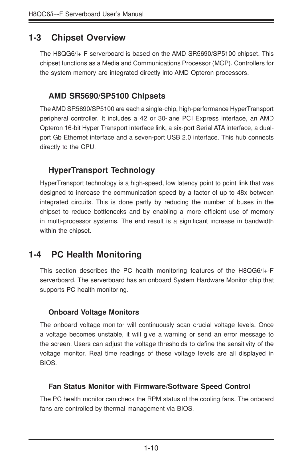 SUPER MICRO Computer H8QGI+-F, H8QG6+-F user manual Chipset Overview, PC Health Monitoring, AMD SR5690/SP5100 Chipsets 