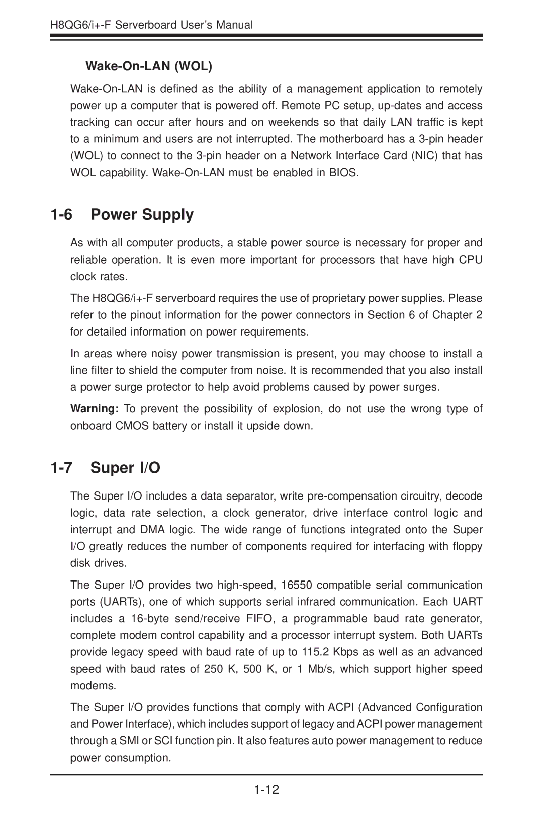 SUPER MICRO Computer H8QGI+-F, H8QG6+-F user manual Power Supply, Super I/O, Wake-On-LAN WOL 