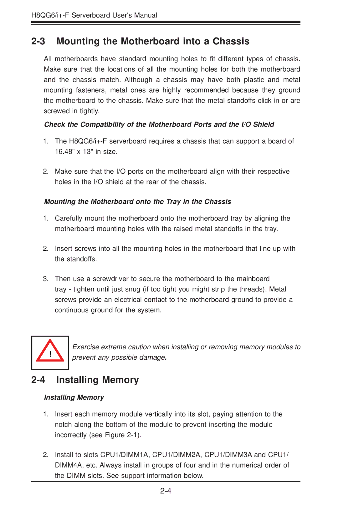 SUPER MICRO Computer H8QGI+-F, H8QG6+-F user manual Mounting the Motherboard into a Chassis, Installing Memory 