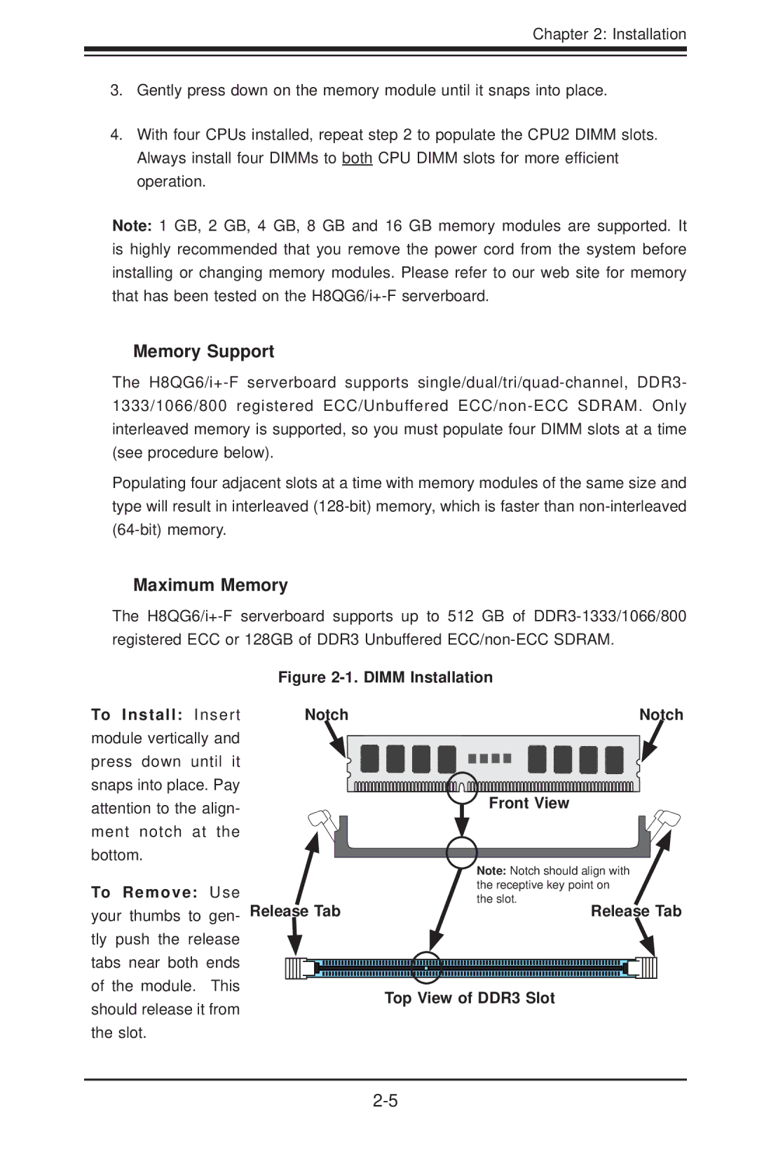 SUPER MICRO Computer H8QG6+-F, H8QGI+-F user manual Memory Support, Maximum Memory, Top View of DDR3 Slot 