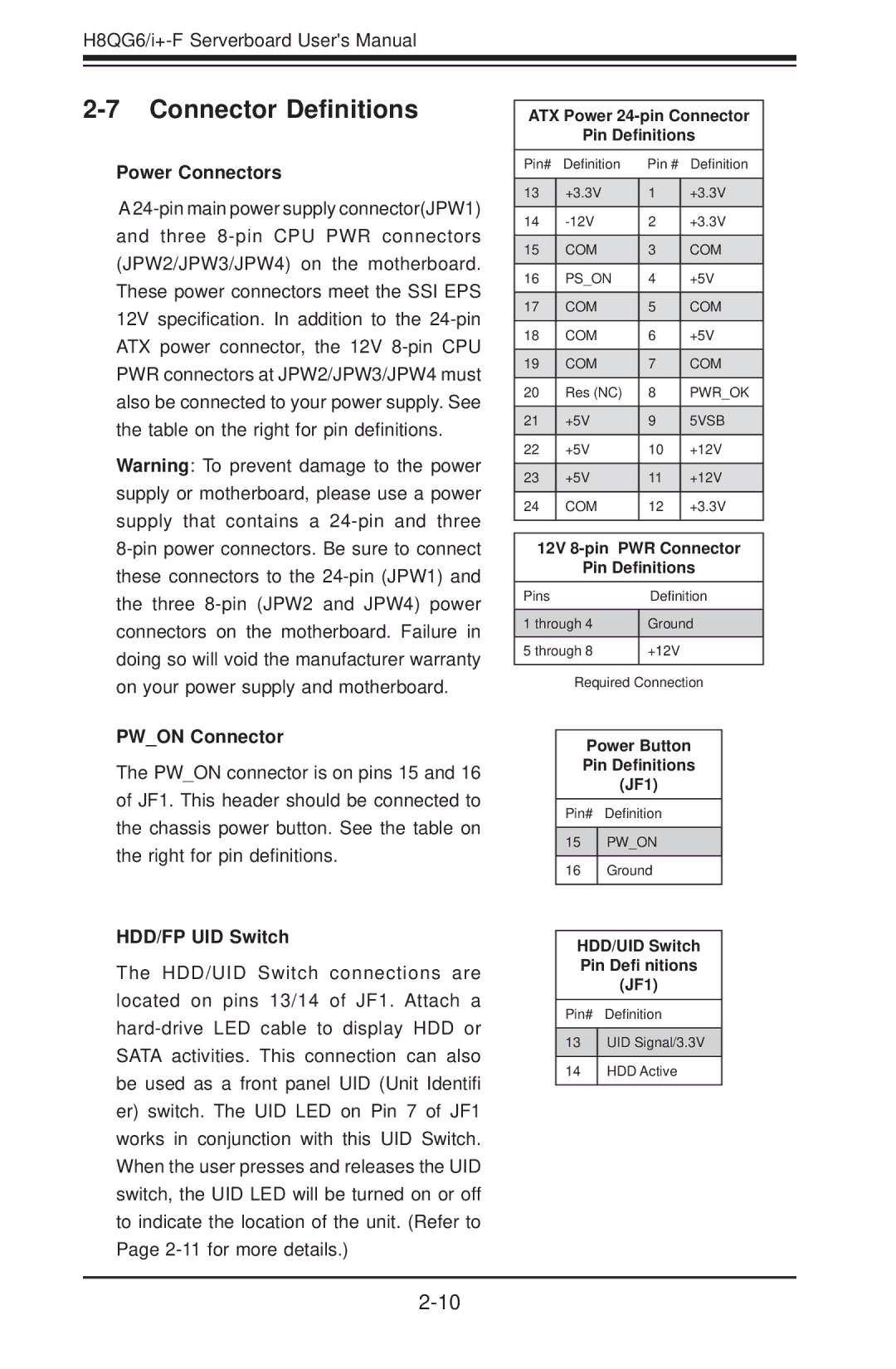 SUPER MICRO Computer H8QGI+-F, H8QG6+-F Connector Deﬁnitions, Power Connectors, Pwon Connector, HDD/FP UID Switch 