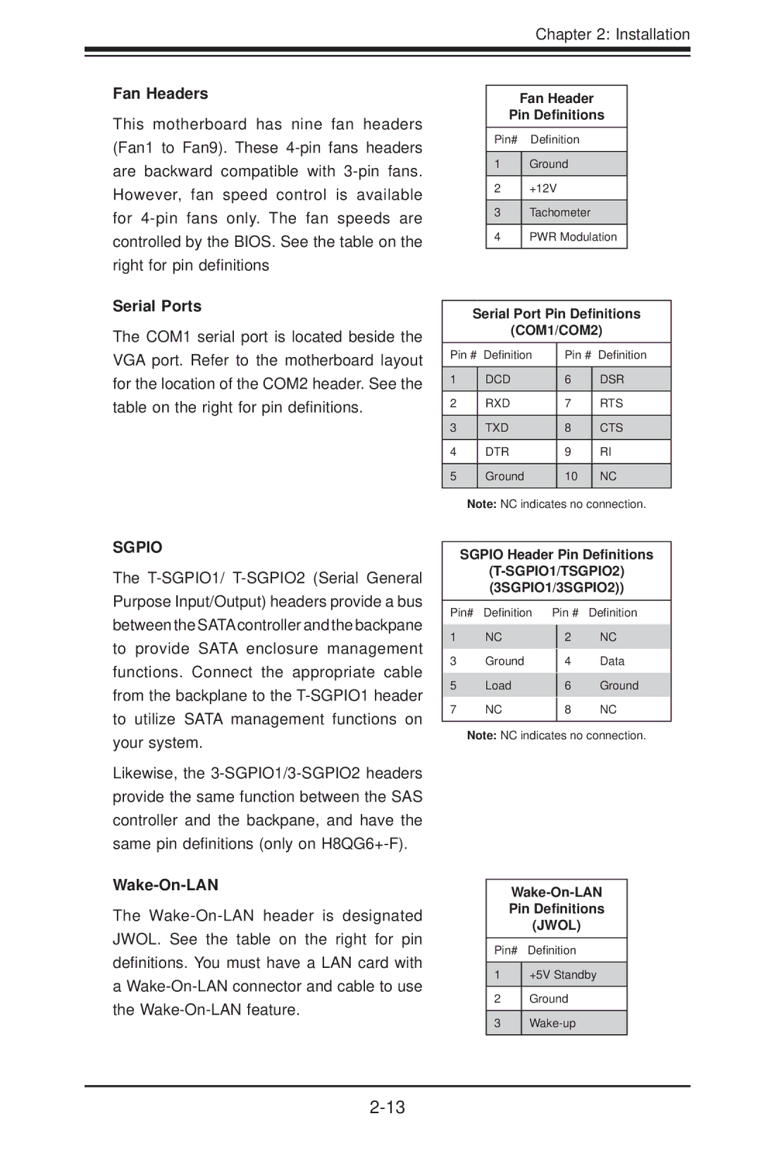 SUPER MICRO Computer H8QG6+-F, H8QGI+-F user manual Fan Headers, Serial Ports, Wake-On-LAN 