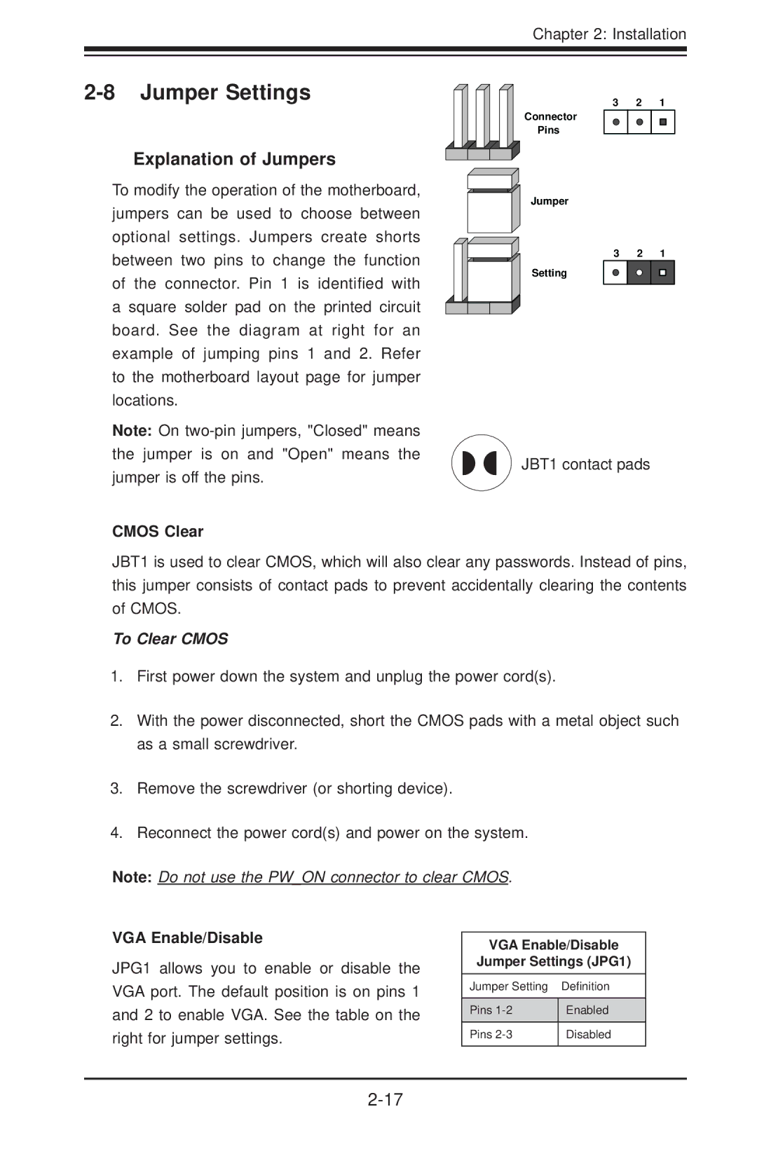 SUPER MICRO Computer H8QG6+-F, H8QGI+-F user manual Jumper Settings, Explanation of Jumpers, Cmos Clear, VGA Enable/Disable 