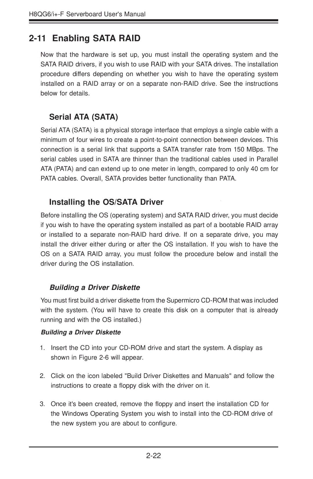 SUPER MICRO Computer H8QGI+-F, H8QG6+-F user manual Enabling Sata RAID, Serial ATA Sata, Installing the OS/SATA Driver 