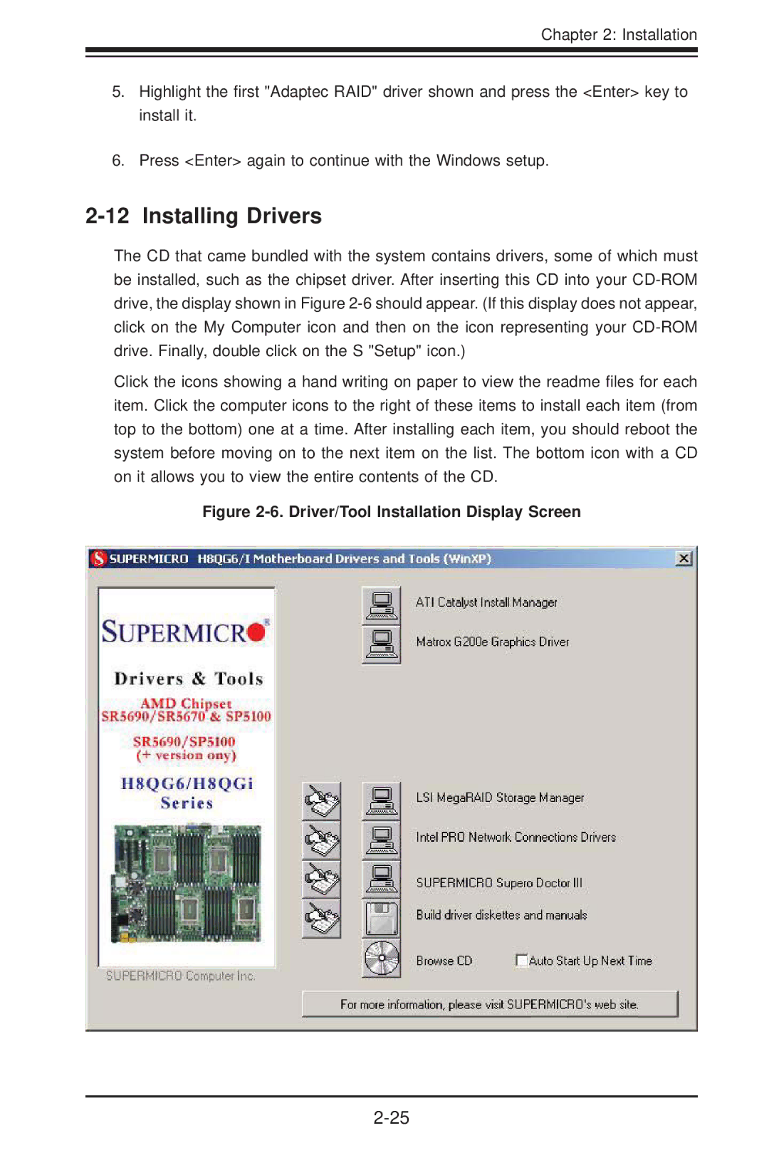 SUPER MICRO Computer H8QG6+-F, H8QGI+-F user manual Installing Drivers, Driver/Tool Installation Display Screen 