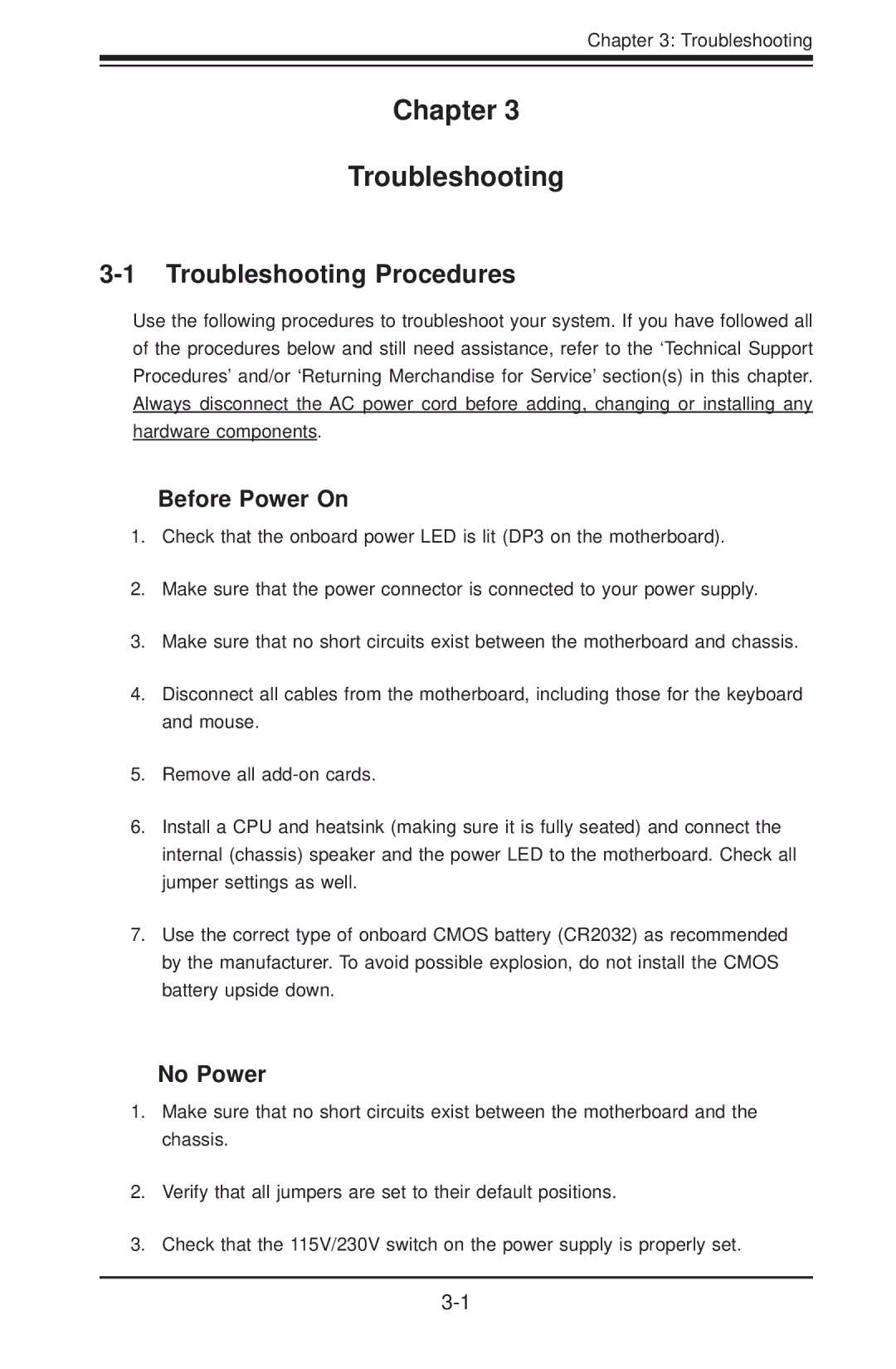 SUPER MICRO Computer H8QG6+-F, H8QGI+-F user manual Troubleshooting Procedures, Before Power On, No Power 