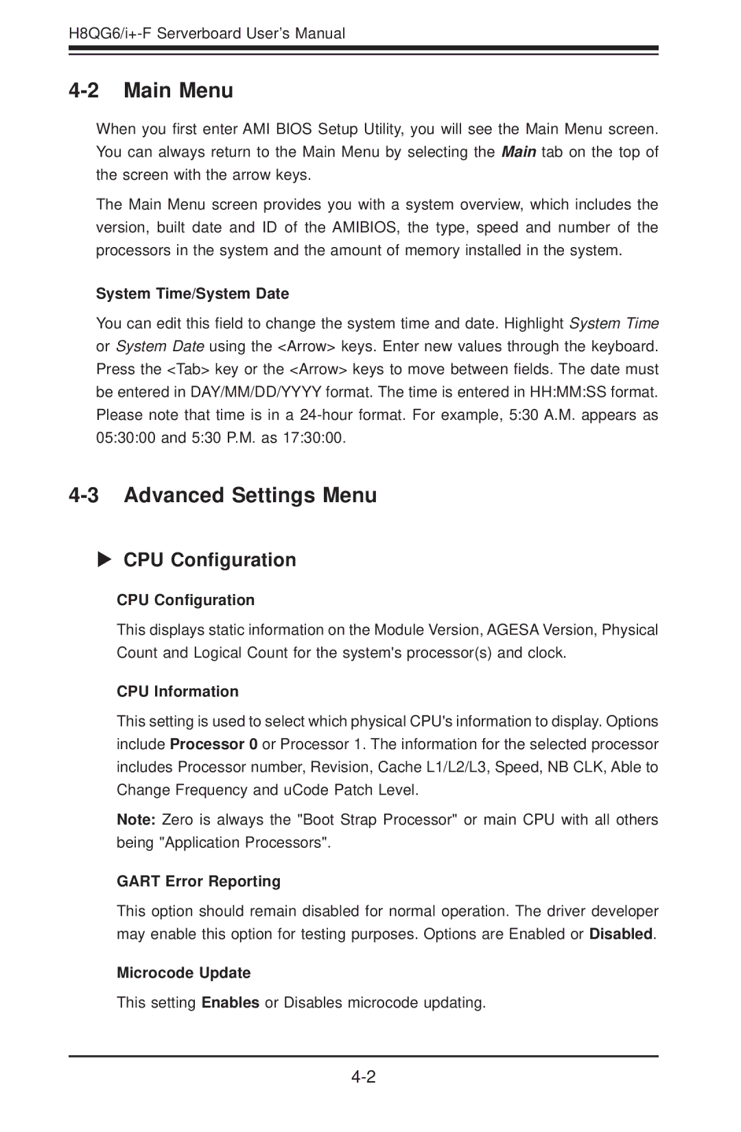 SUPER MICRO Computer H8QGI+-F, H8QG6+-F user manual Main Menu, Advanced Settings Menu, CPU Conﬁguration 