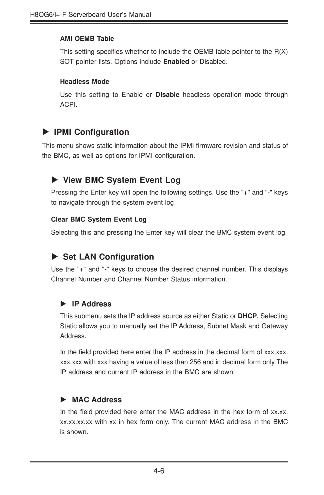 SUPER MICRO Computer H8QGI+-F Ipmi Conﬁguration, View BMC System Event Log, Set LAN Conﬁguration, IP Address, MAC Address 