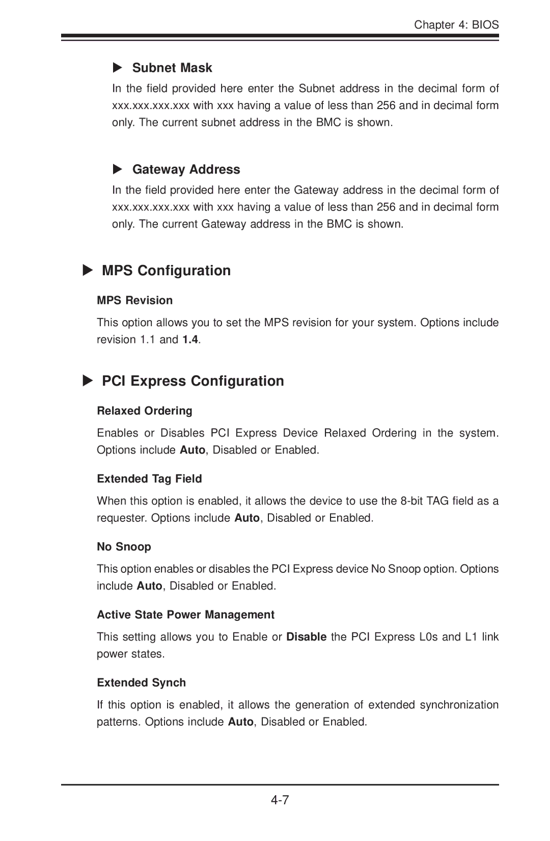 SUPER MICRO Computer H8QG6+-F, H8QGI+-F user manual MPS Conﬁguration, PCI Express Conﬁguration, Subnet Mask, Gateway Address 