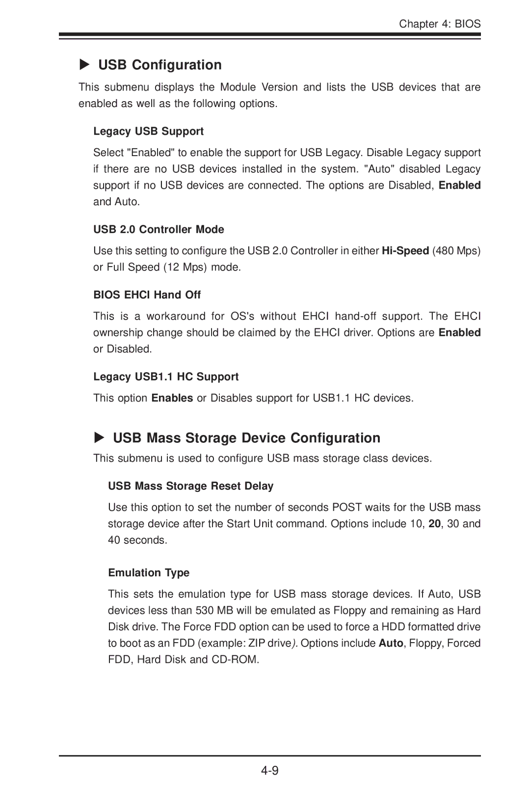 SUPER MICRO Computer H8QG6+-F, H8QGI+-F user manual USB Conﬁguration, USB Mass Storage Device Conﬁguration 