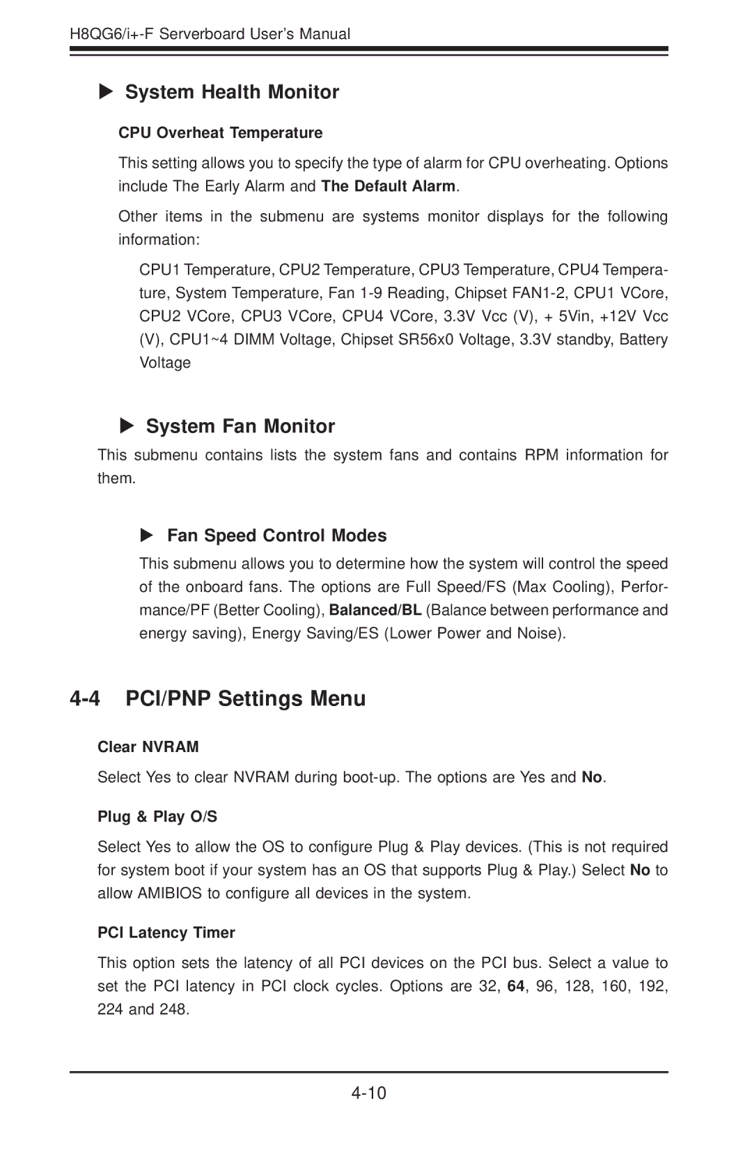 SUPER MICRO Computer H8QGI+-F PCI/PNP Settings Menu, System Health Monitor, System Fan Monitor, Fan Speed Control Modes 