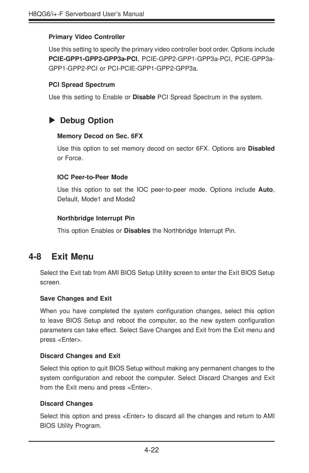 SUPER MICRO Computer H8QGI+-F, H8QG6+-F user manual Exit Menu, Debug Option 