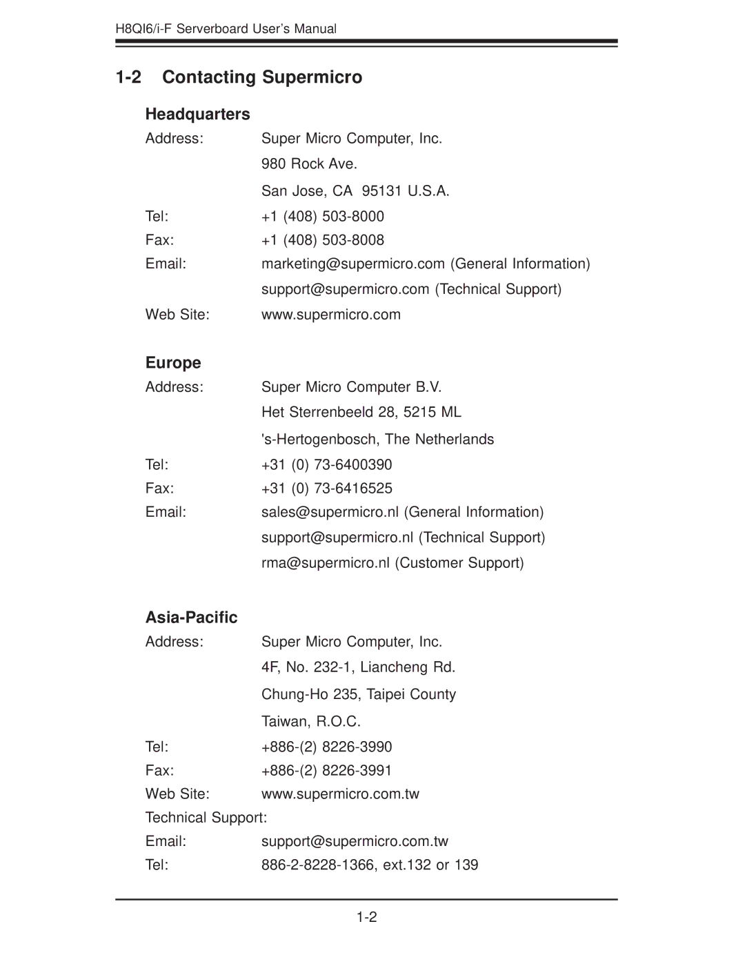 SUPER MICRO Computer H8QII-F, H8QI6-F user manual Contacting Supermicro, Headquarters, Europe, Asia-Paciﬁc 