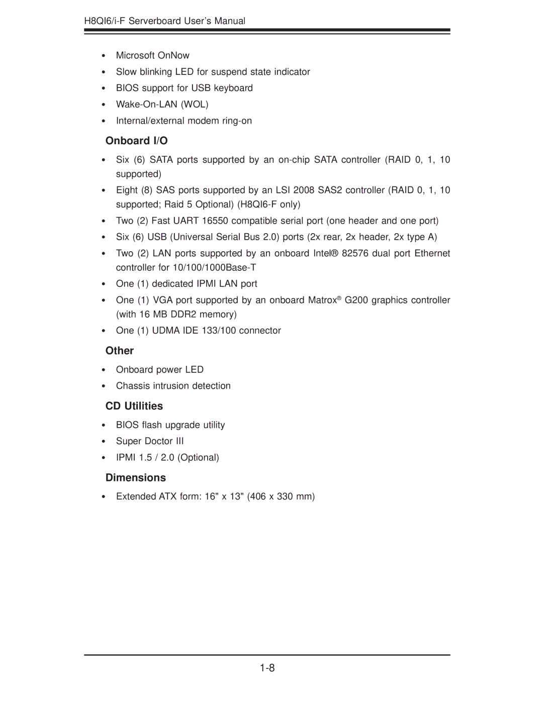 SUPER MICRO Computer H8QII-F, H8QI6-F user manual Onboard I/O, Other, CD Utilities, Dimensions 