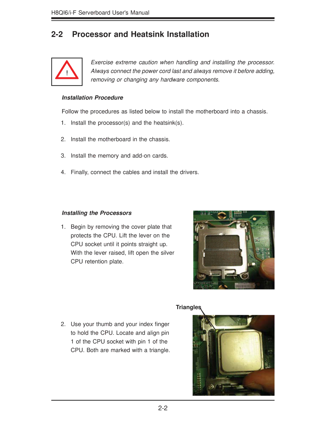 SUPER MICRO Computer H8QII-F, H8QI6-F user manual Processor and Heatsink Installation, Triangles 