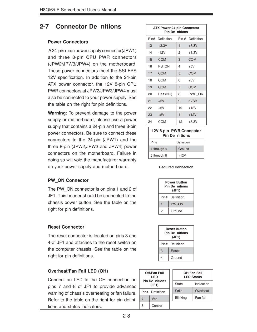 SUPER MICRO Computer H8QII-F, H8QI6-F user manual Connector Deﬁnitions, Power Connectors, Pwon Connector, Reset Connector 