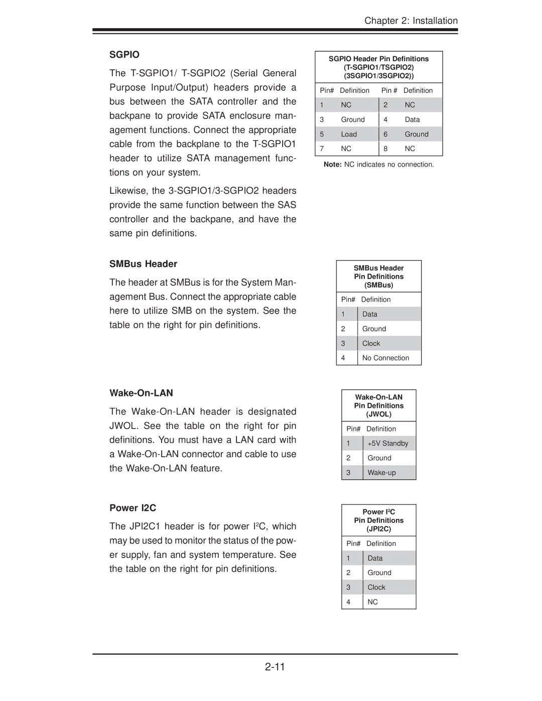 SUPER MICRO Computer H8QI6-F, H8QII-F user manual SMBus Header, Wake-On-LAN, Power I2C 