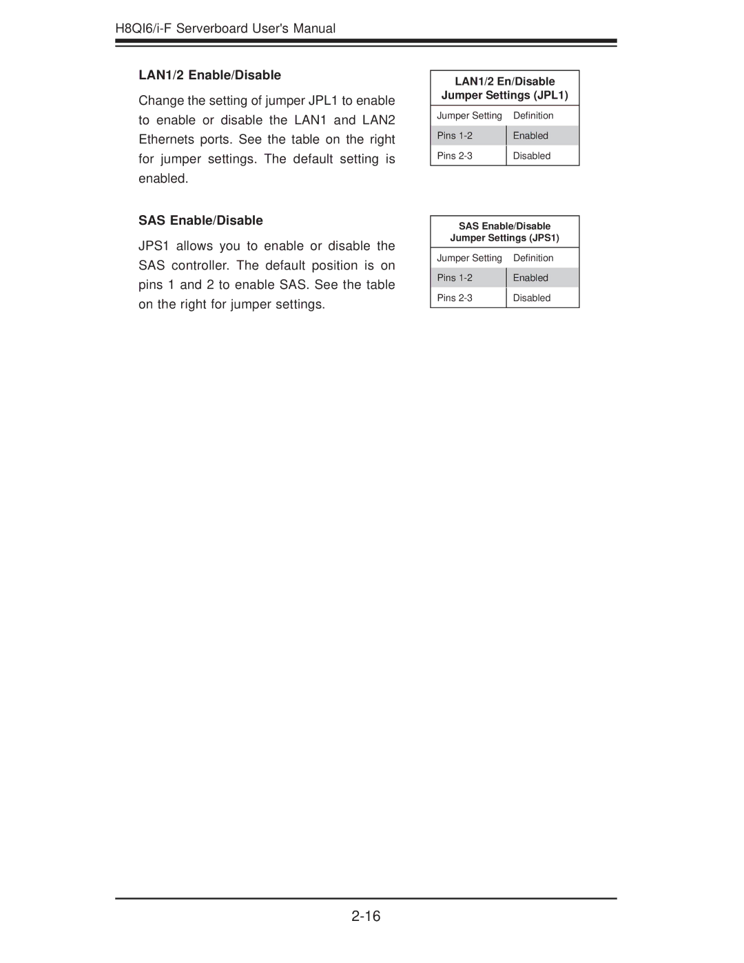 SUPER MICRO Computer H8QII-F, H8QI6-F user manual LAN1/2 Enable/Disable, SAS Enable/Disable 