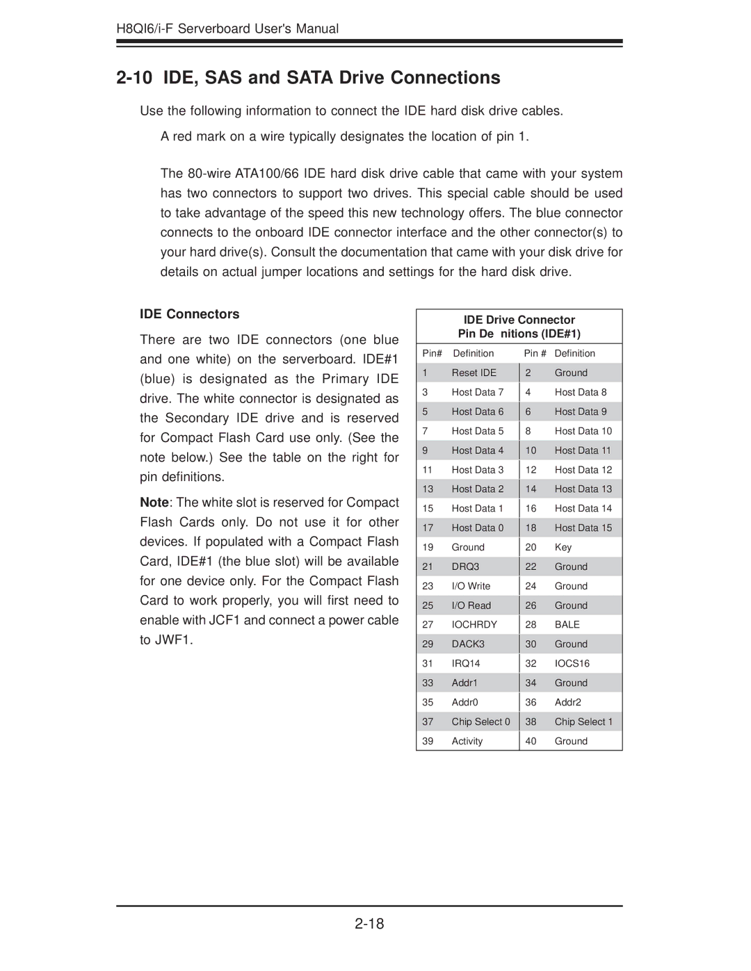 SUPER MICRO Computer H8QII-F, H8QI6-F user manual 10 IDE, SAS and Sata Drive Connections, IDE Connectors 