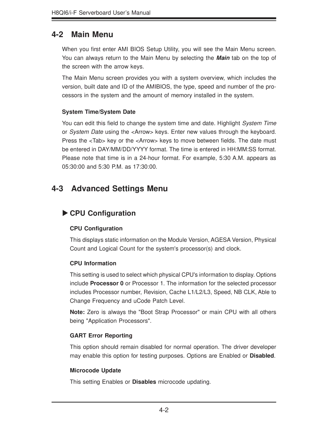 SUPER MICRO Computer H8QII-F, H8QI6-F user manual Main Menu, Advanced Settings Menu, CPU Conﬁguration 