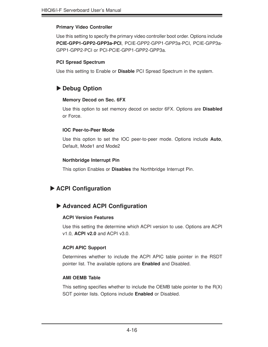 SUPER MICRO Computer H8QII-F, H8QI6-F user manual Debug Option, Acpi Conﬁguration Advanced Acpi Conﬁguration 