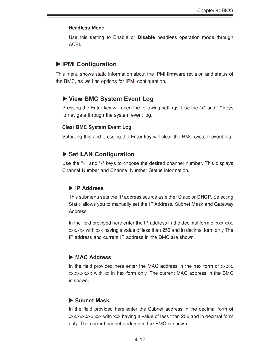 SUPER MICRO Computer H8QI6-F, H8QII-F user manual Ipmi Conﬁguration, View BMC System Event Log, Set LAN Conﬁguration 