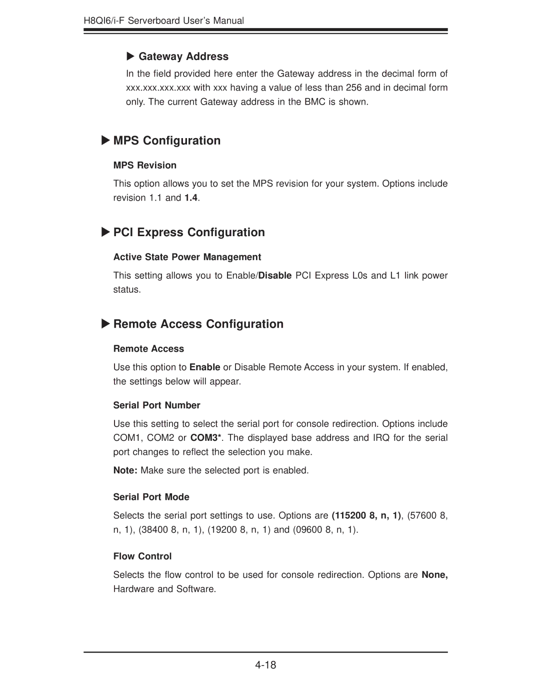 SUPER MICRO Computer H8QII-F MPS Conﬁguration, PCI Express Conﬁguration, Remote Access Conﬁguration, Gateway Address 