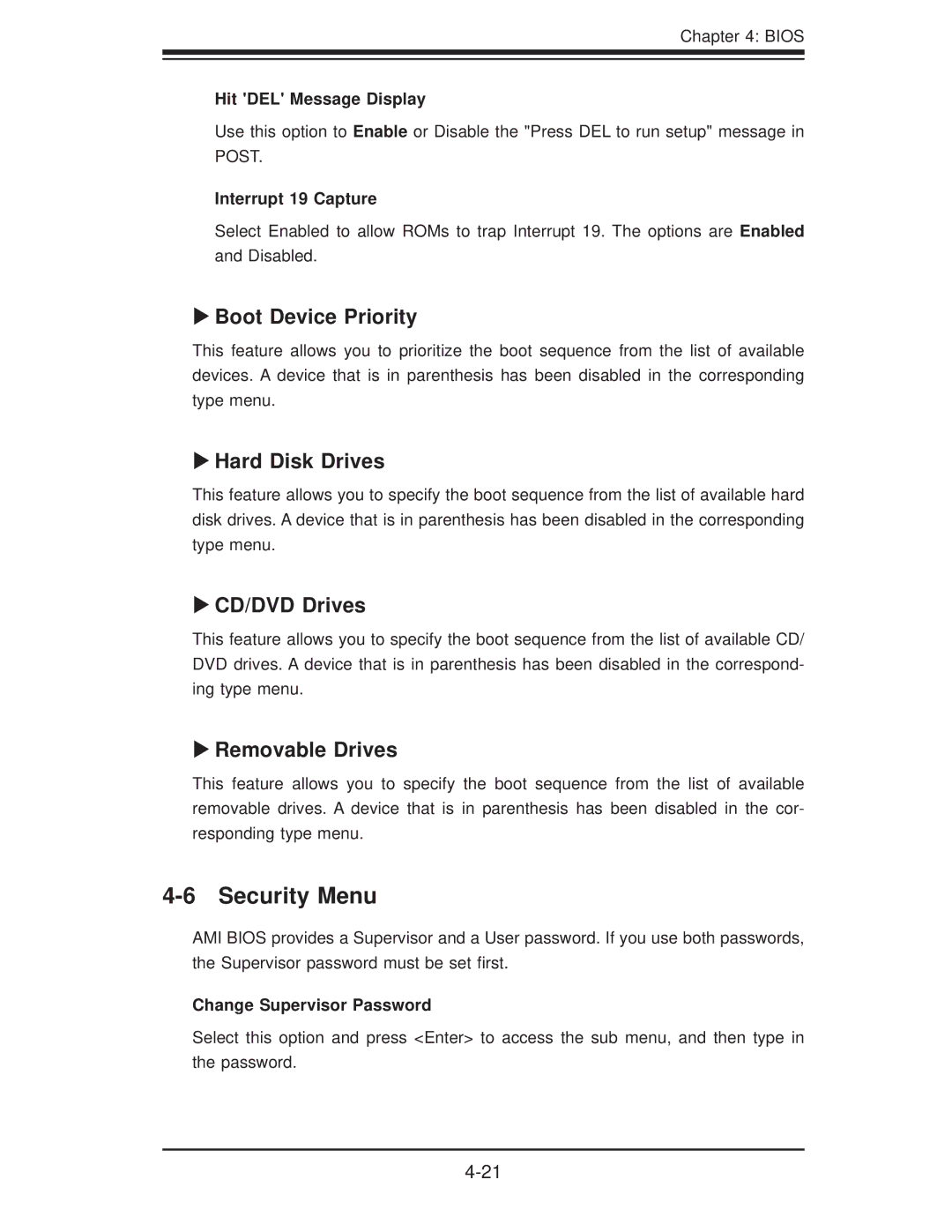 SUPER MICRO Computer H8QI6-F Security Menu, Boot Device Priority, Hard Disk Drives, CD/DVD Drives, Removable Drives 