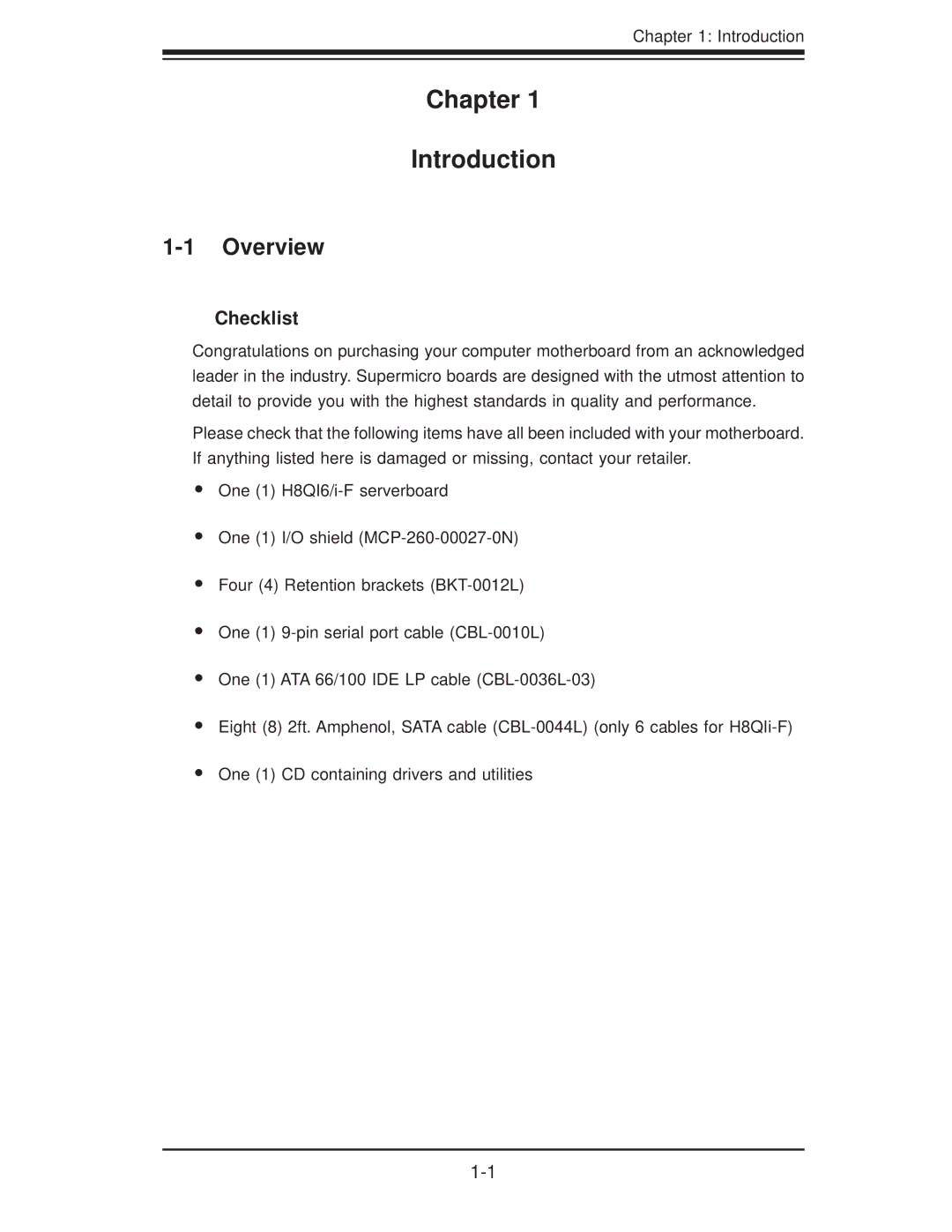 SUPER MICRO Computer H8QI6-F, H8QII-F user manual Overview, Checklist 