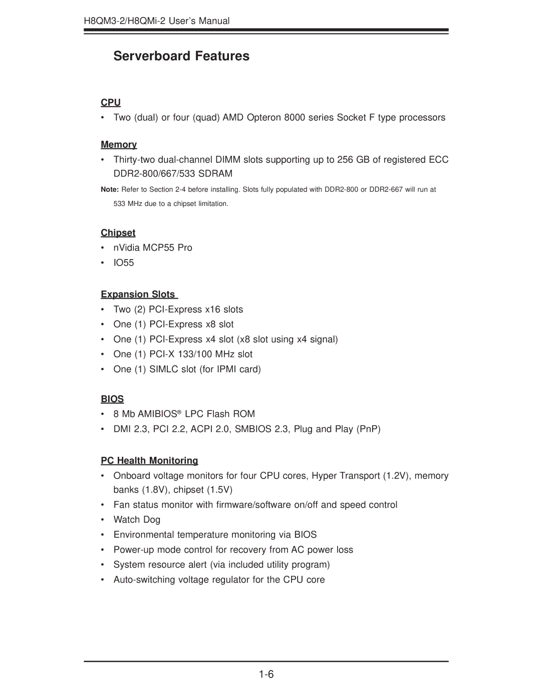 SUPER MICRO Computer H8QM3-2 user manual Serverboard Features, Cpu 