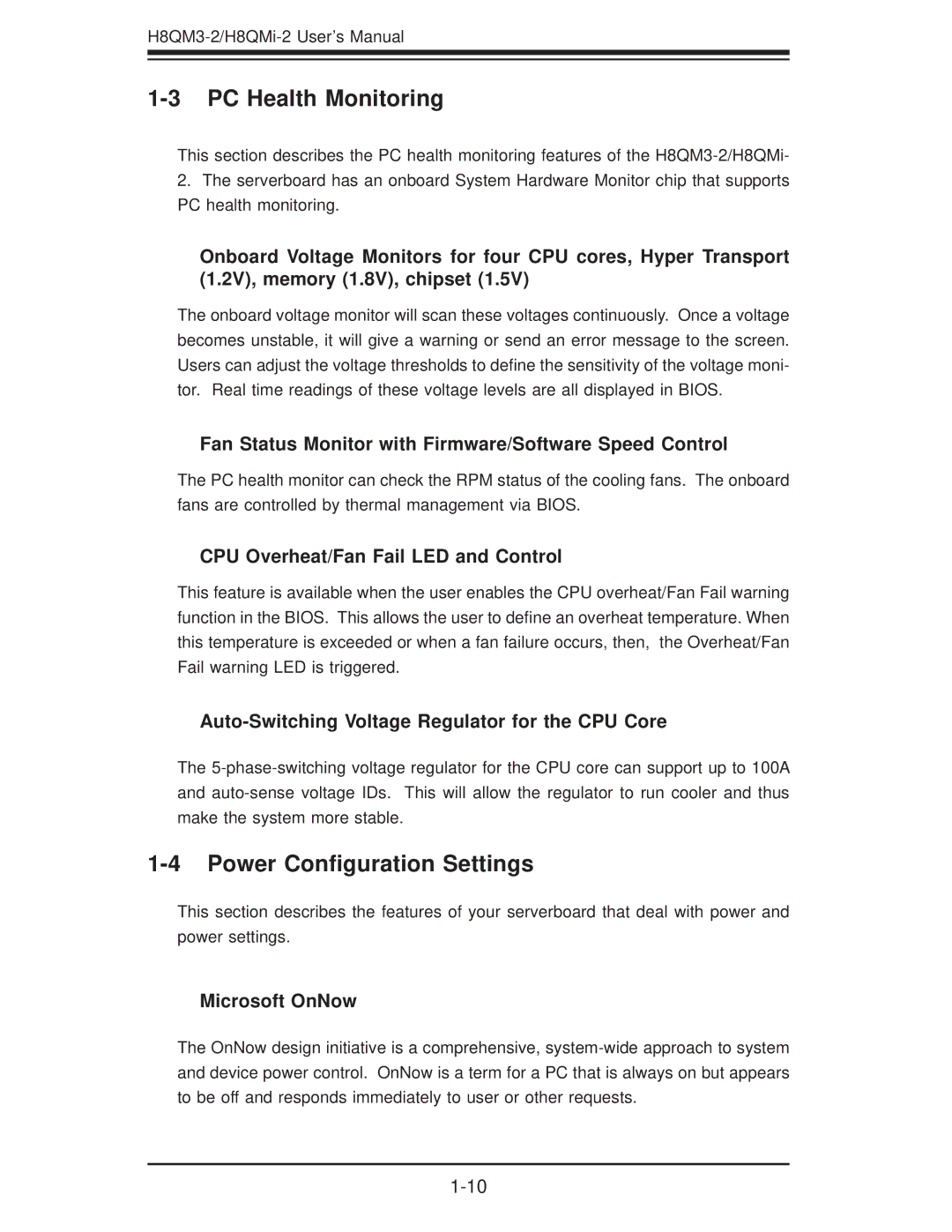 SUPER MICRO Computer H8QM3-2 user manual PC Health Monitoring, Power Conﬁguration Settings 