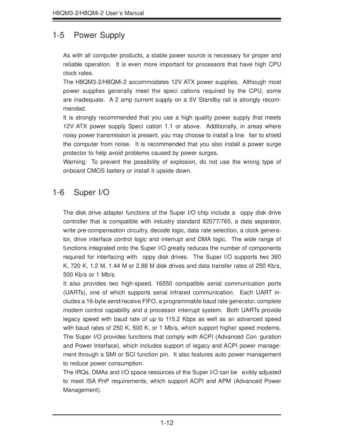 SUPER MICRO Computer H8QM3-2 user manual Power Supply, Super I/O 