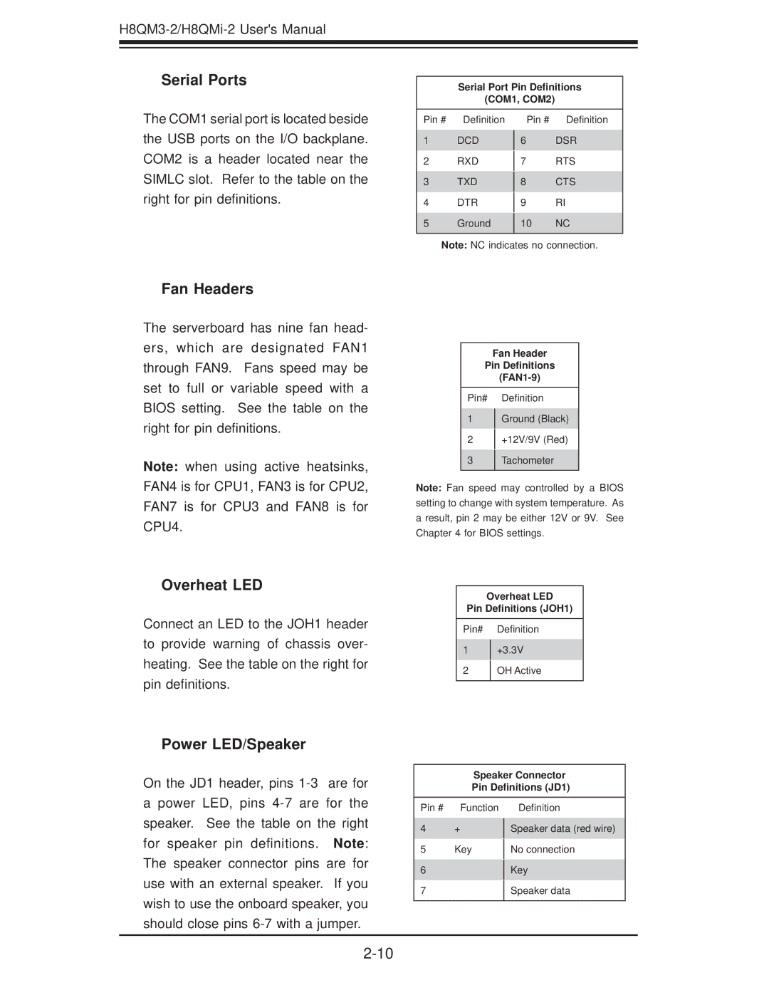 SUPER MICRO Computer H8QM3-2 user manual Serial Ports, Fan Headers, Overheat LED, Power LED/Speaker 