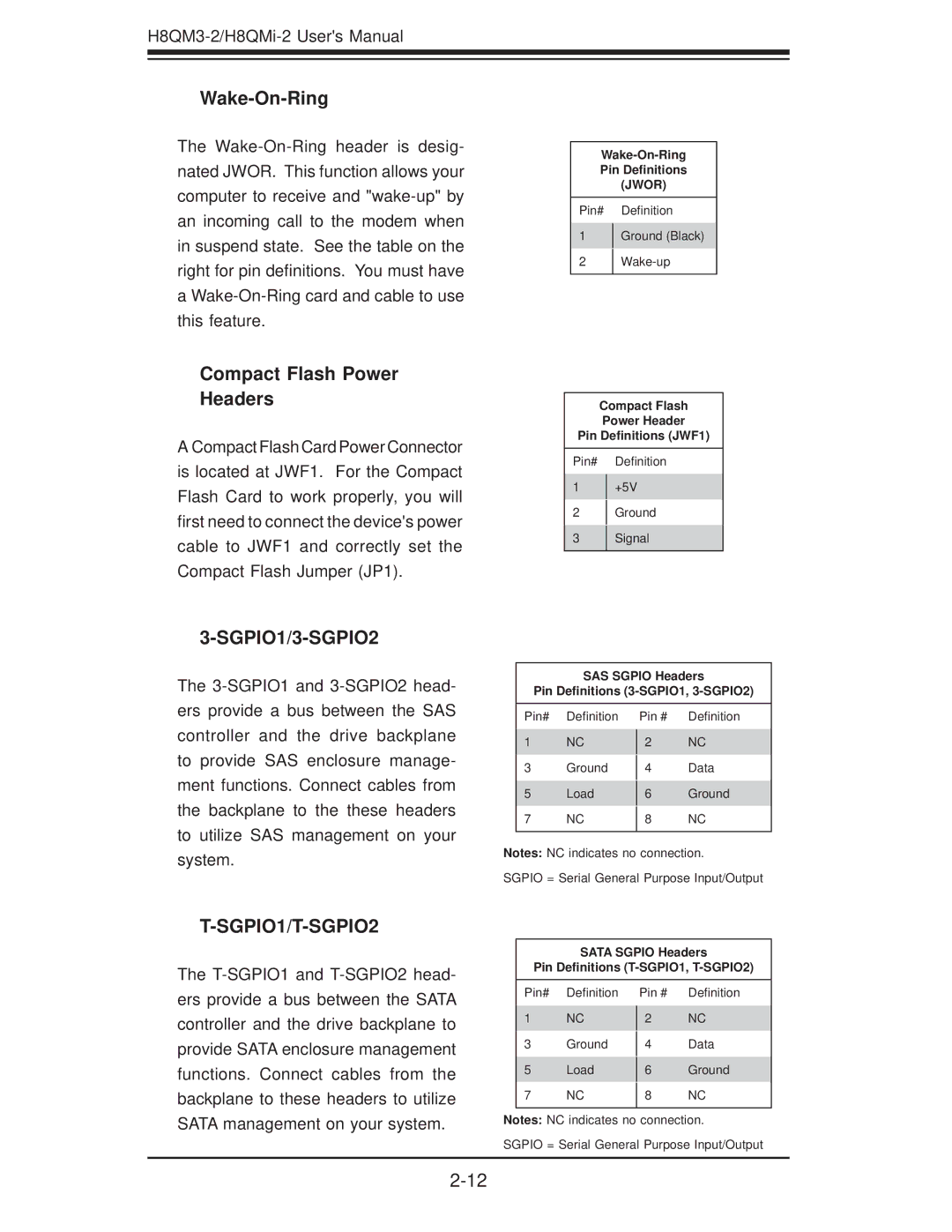 SUPER MICRO Computer H8QM3-2 user manual Wake-On-Ring, Compact Flash Power Headers 