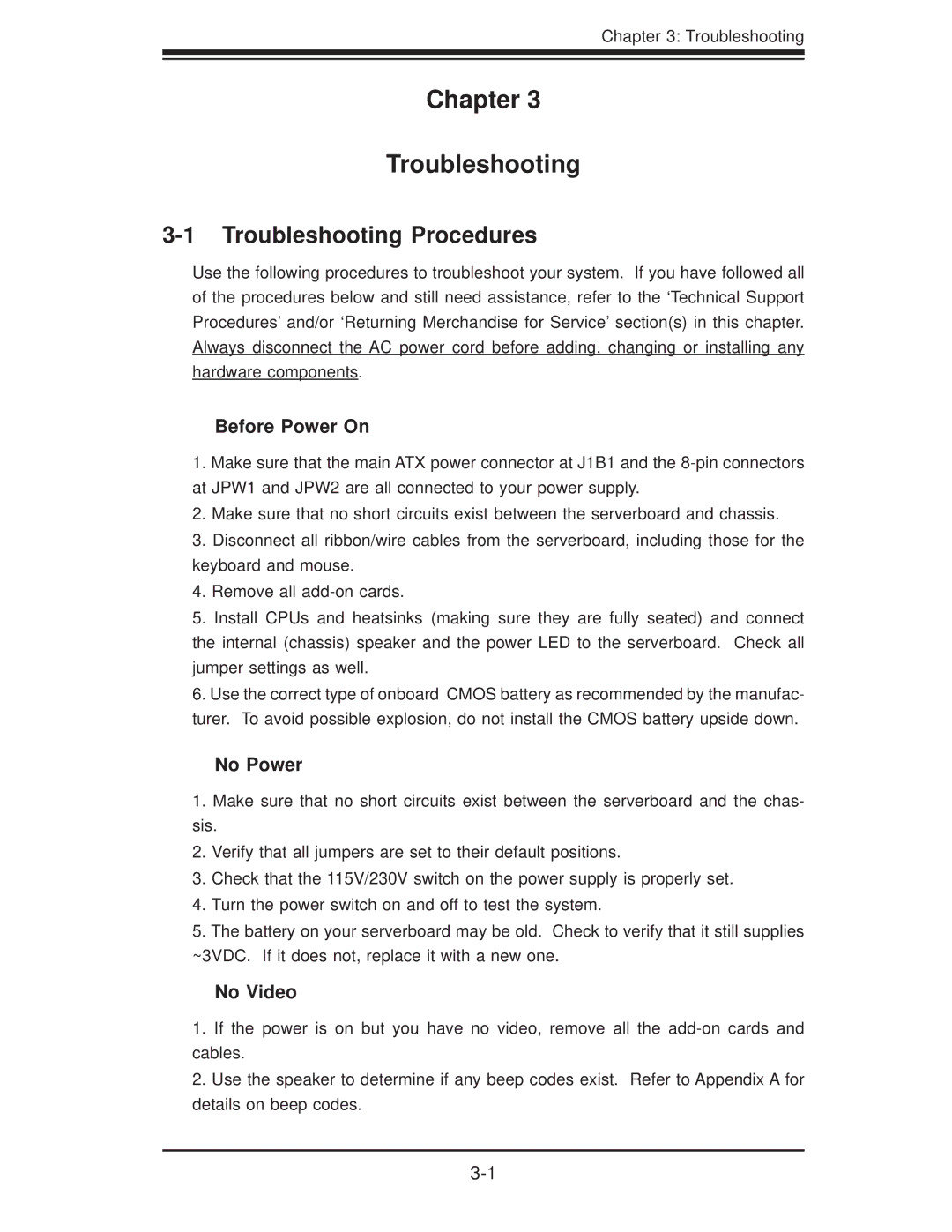 SUPER MICRO Computer H8QM3-2 user manual Troubleshooting Procedures, Before Power On, No Power, No Video 