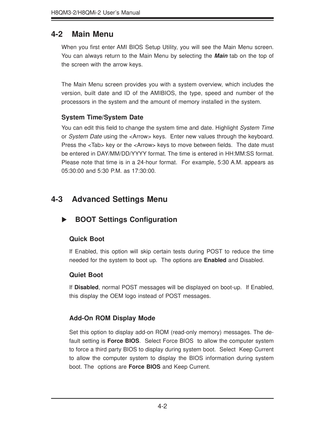 SUPER MICRO Computer H8QM3-2 user manual Main Menu, Advanced Settings Menu, Boot Settings Conﬁguration 