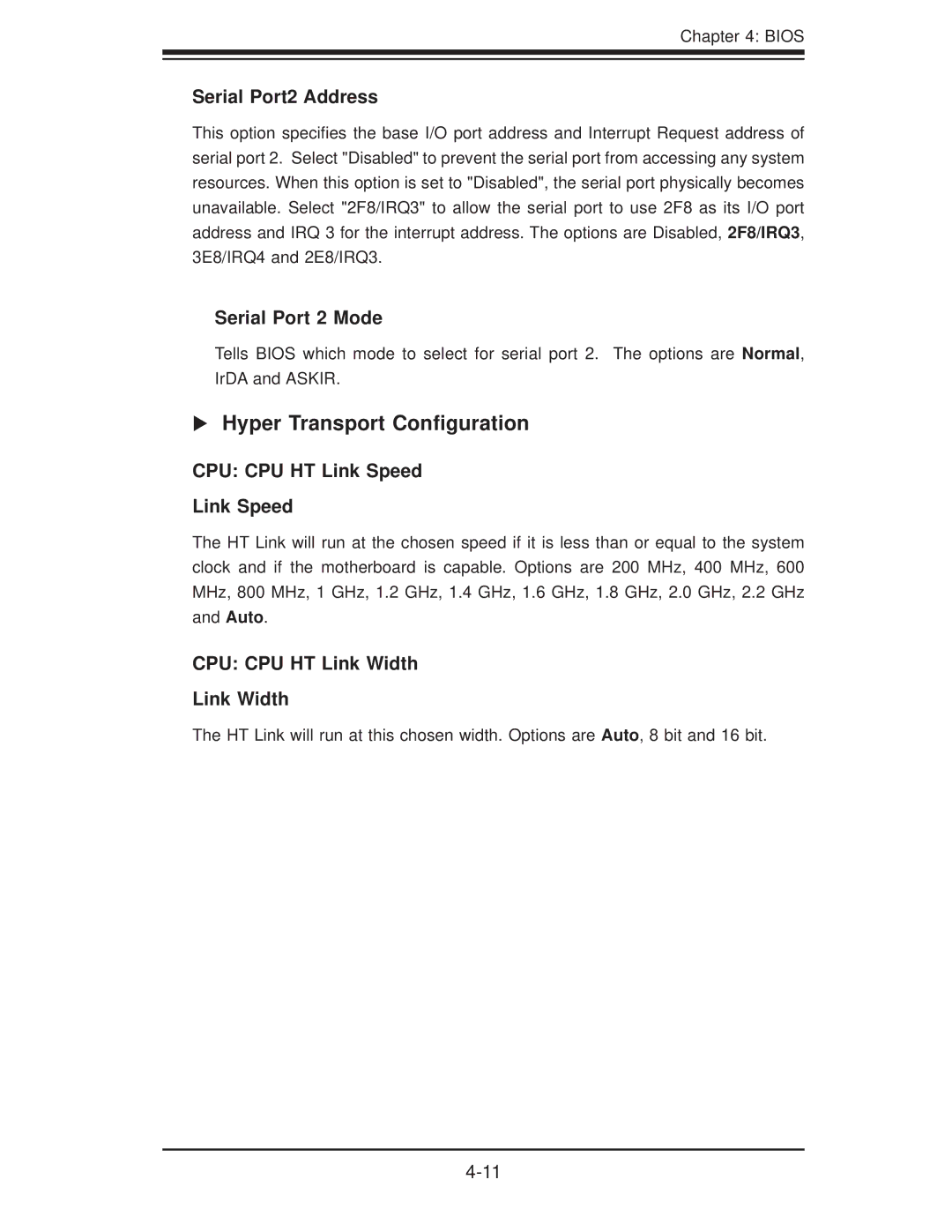 SUPER MICRO Computer H8QM3-2 Hyper Transport Conﬁguration, Serial Port2 Address, Serial Port 2 Mode, CPU CPU HT Link Speed 