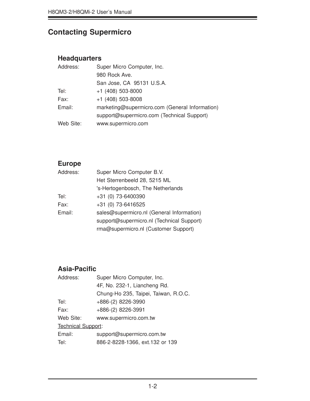 SUPER MICRO Computer H8QM3-2 user manual Contacting Supermicro, Headquarters, Europe, Asia-Paciﬁc 